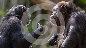 Two chimpanzees talking photo