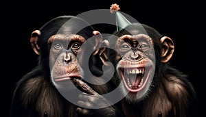 Two chimpanzees, one with a sad and thoughtful expression and the other laughing, at the party