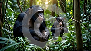 Two chimpanzees are sitting in the forest photo