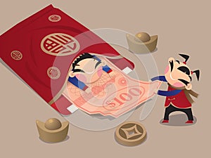 Two Chinese kids unwrapping a new year red packet and taking out the money.