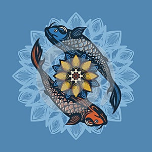Two Chinese koi carp and lotus flowers. Symbol of harmony and love. Background in the Chinese style.