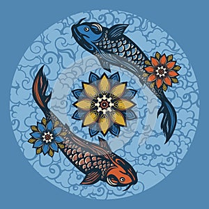 Two Chinese koi carp and lotus flowers. Symbol of harmony and love. Background in the Chinese style. Hand drawn.