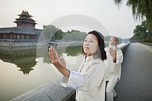 Two Chinese People Practicing Tai Ji by the Canal, Beijing