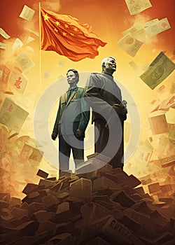 Two chinese politicians standing at the top of the pile of money with waving flag of china. Chinese economy dominance. Ai