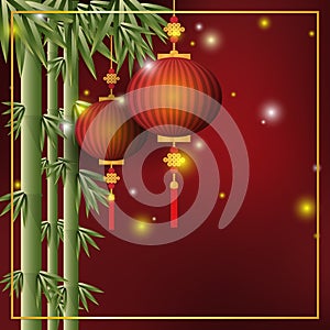 Two Chinese red lanterns hanging on bamboo tree on red background