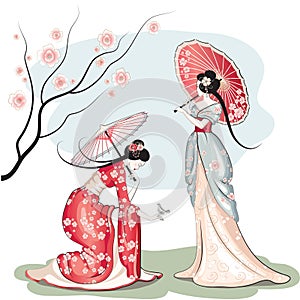 Two chinese women with parasols photo