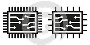 Two chip or microchip icons. Central computer processor, black chip symbol. Flat style