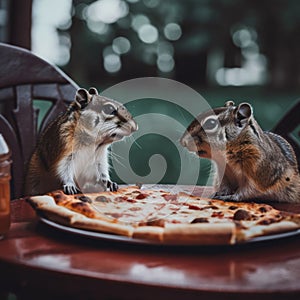 Two chipmunks sitting at a table with a pizza. Generative AI image.