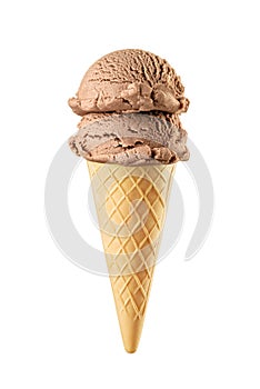 Two chocolate brown ice cream scoops served on a waffle cone isolated on white