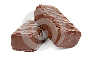 Two chocolate candies isolated on white background, close-up