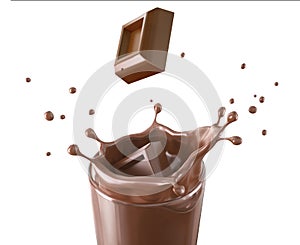 Two chocolate cubes splashing in a glass with chocolate splash