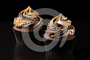 two chocolate cupcakes with frosting