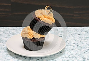 Two chocolate cupcakes with peanut butter icing with one on top of the other.  Copy space