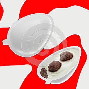 Two chocolate eggs with white cream in plastic packaging on redwhite background - Mockup - 3D rendering photo