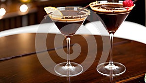 Two chocolate martinis garnished with raspberries and chocolate on a bar counter