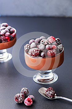 Two chocolate mousse dessert with frozen berries on grey background close up isolated