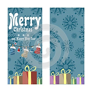 Two Christmas banners in retro style. Gifts, snowflakes and garlands of boots, hats and colored lights.