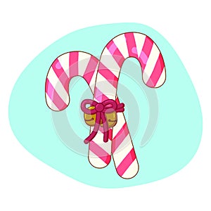 Two Christmas candy canes tied with rippon and bells, gift for Christmas, isolated item, flat cartoon vector