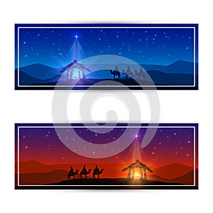 Two Christmas cards with star and birth of Jesus