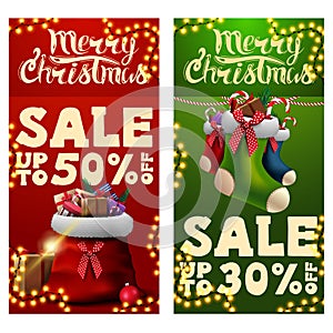 Two Christmas discount banners with Santa Claus bag with presents and Christmas stockings. Red and green vertical discount banners