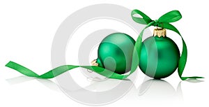 Two Christmas green baubles with ribbon bow isolated on white background