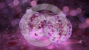 Two Christmas Pink Ice Glass Baubles Decorations snow red petals background loop