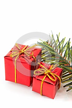 Two Christmas presents, green tree on white background.