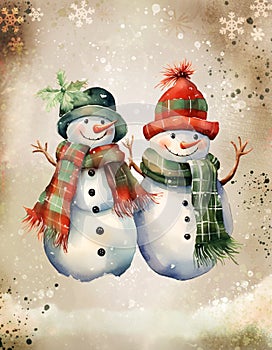 Two Christmas Snowmen with red and green hats