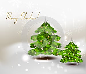 Two Christmas tree on winter background, stars and snowflakes