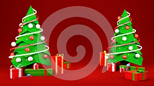 Two Christmas trees with gifts, New Year, on a red background,