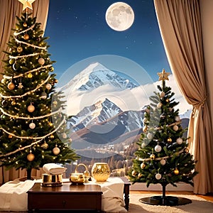 two christmas trees with snow covered mountains behind them and gold star decorations