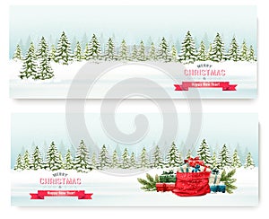 Two Christmas winter landscape banners with colorful presents