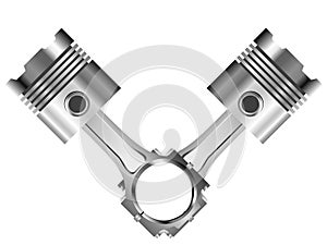 Two chrome piston with rods and rings aligned