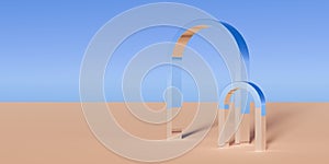 Two chrome retro portal objects in surreal abstract desert landscape with blue sky background, geometric primitive fantasy concept