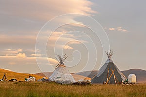 Two chums in tundra in the summer sunrise