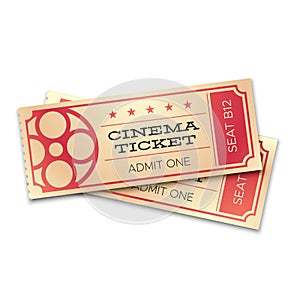 Two cinema or theater realistic tickets with barcode. Admit now coupons for pair entrance. Isolated movie ticket vector