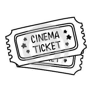 Two cinema tickets isolated on white background. Flat hand drawn cinema ticket. Sketch icon movie entrance ticket.