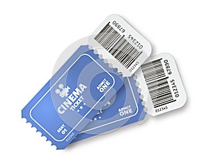 Two cinema tickets. Movie admit one blue paper ticket with realistic shadow vector concept. Vouchers with barcodes