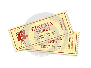 Two cinema tickets, realistic movie ticket mockup. Old vintage movies show entrance pass, film festival admission coupon