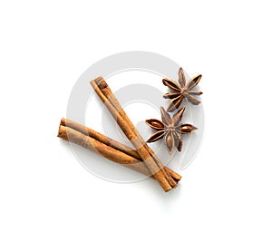 Two cinnamon sticks lying on table, topview