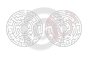 Two circular mazes one solved with a red path shown