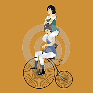Two circus women on a retro bicycle in vintage costume vecto