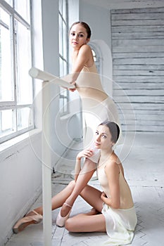 The two classic ballet dancers posing at barre