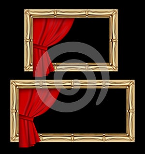 Two classic gold horizontal frames with a red curtain isolated on black background