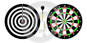 Two classical Dartboards for playing darts. Two darts black and white. Flat style. isolated vector photo