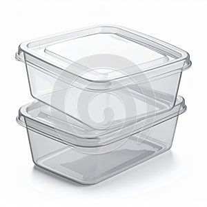 Two Clear Plastic Food Containers Stacked on White Background with Shadow