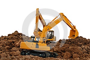 Two Clewer excavator digging a construction site isolated on white background.