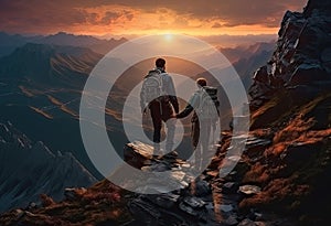 Two climbers are standing hand in hand on a mountain peak against the background of the rising sun. The concept of achieving