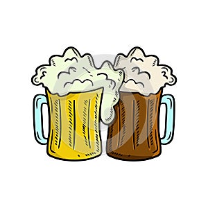 Two clink glasses with light and dark beer with foam cheers isolated on white background. Hand drawn vector sketch illustration in