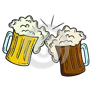 Two clink glasses with light and dark beer with foam cheers isolated on white background. Hand drawn vector sketch illustration in